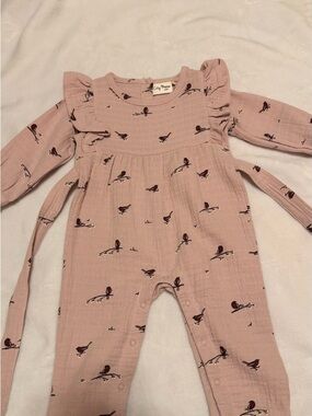 City Mouse Mauve Bird Print Ruffle Long-Sleeve Romper